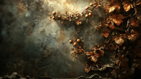 Golden autumn vines curling over a weathered stone wall.
