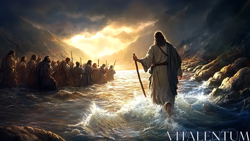 Sunlit crossing with a guiding figure and gathered travelers.