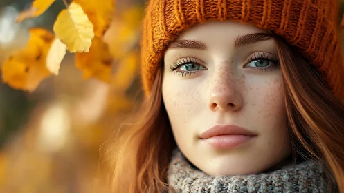 Freckled autumn muse wrapped in amber knit calmness.