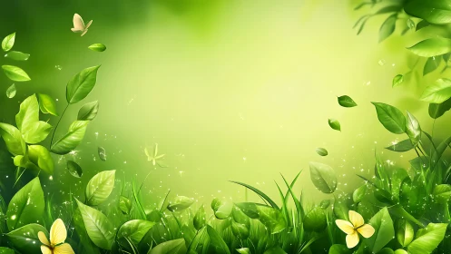 Green leaves and butterflies on bright nature background.
