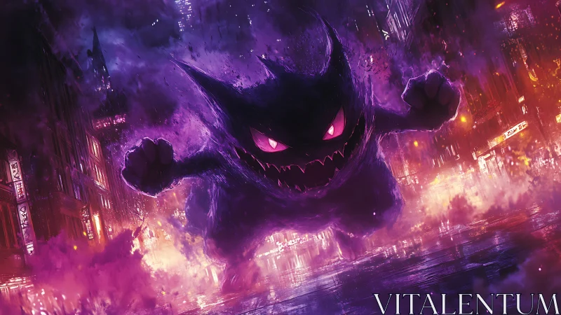 Ghostly purple monster rushes through neon city street.