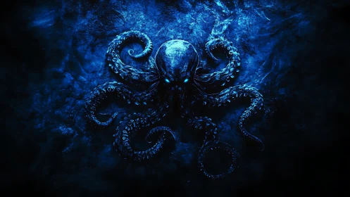 Glowing deep sea octopus spreading luminous blue mystery.
