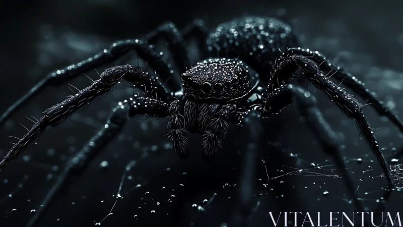 Macro-rendered spider with dew-coated setae under low-key lighting