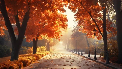Tree lined park path in warm orange autumn morning light.
