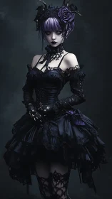 Gothic lolita character in dark lace dress with horns.