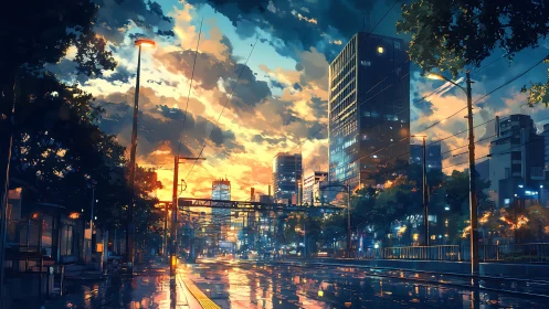 Rain kissed avenue under neon dusk-splashed clouds.