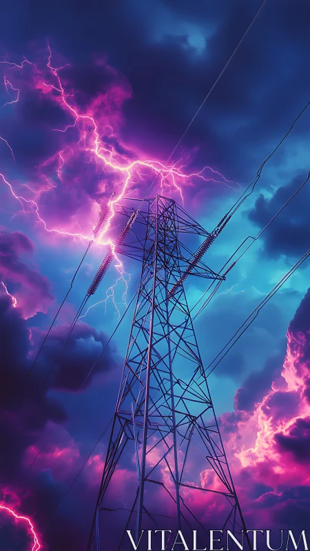 Electric pylon pierces neon storm clouds as lightning erupts.