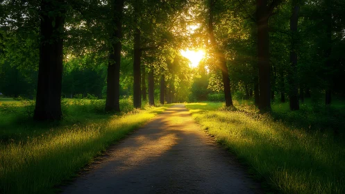 Sunlit forest lane where evening light quietly lingers.