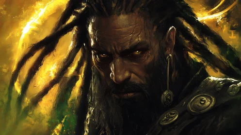 Digital painting portrait of fierce warrior with golden backlight.