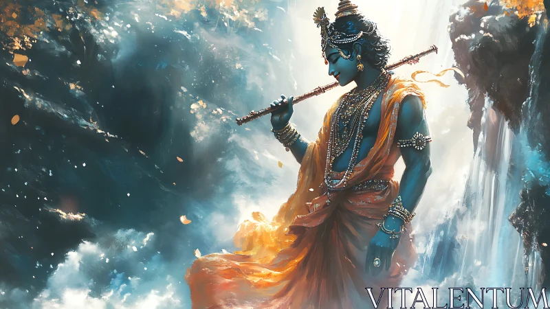 Blue-skinned deity with flute amid mist and waterfalls.