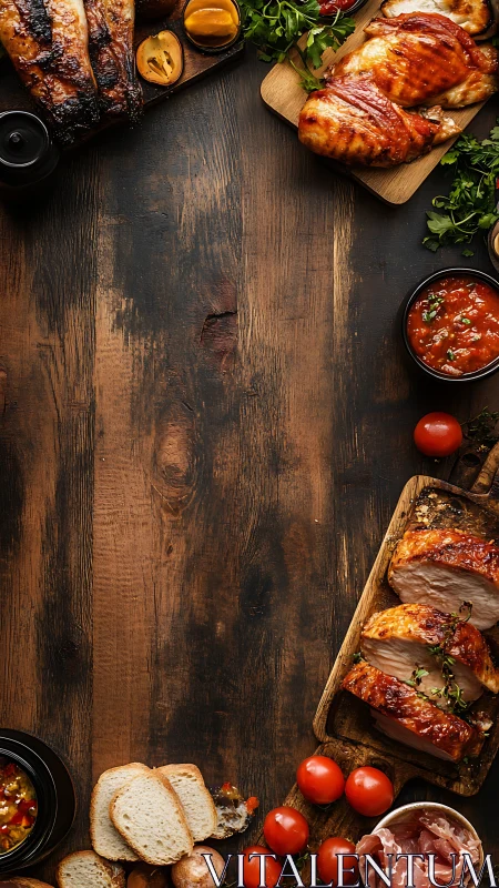 Roasted meats and fresh sides on rustic wooden table.