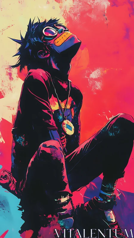 Neon-lit stylized youth in goggles against radiant gradient field