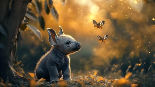 Baby rhino daydreams beneath butterflies and molten sundust.