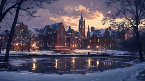 Gothic brick campus glows over frozen winter pond at dusk