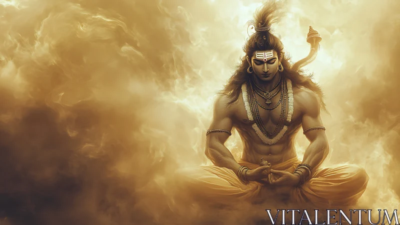 Seated mythic figure in meditation within golden clouds.