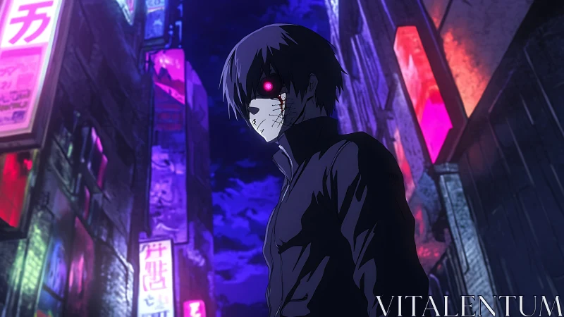 Masked wanderer in neon city shadows at midnight.