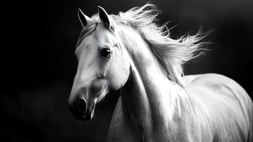 Monochrome side profile of light-colored horse in motion.