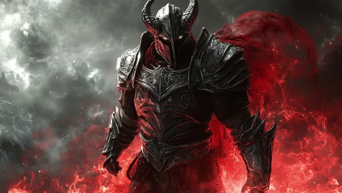 Armored demon lord strides through searing crimson fire