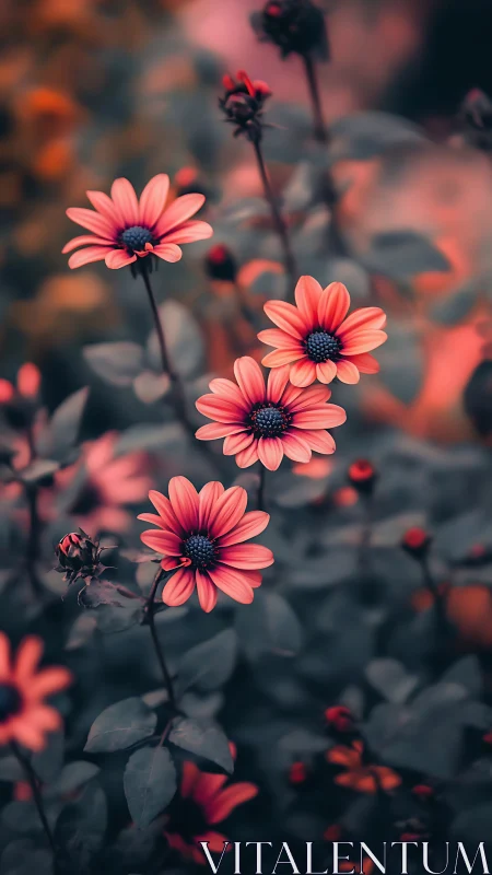 Coral Daisies Glowing in Soft Garden Light.