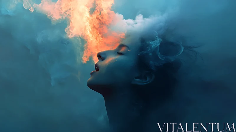 Side profile silhouette with flame and smoke cloud overlay.