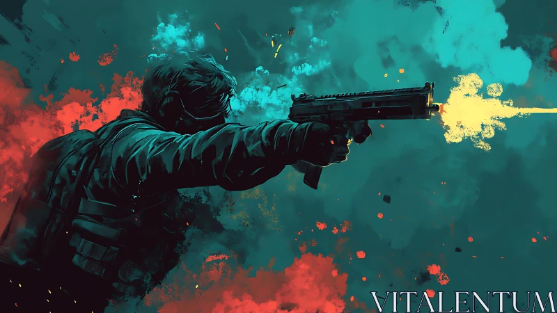 Lone tactical shooter fires into a vivid abstract battlefield