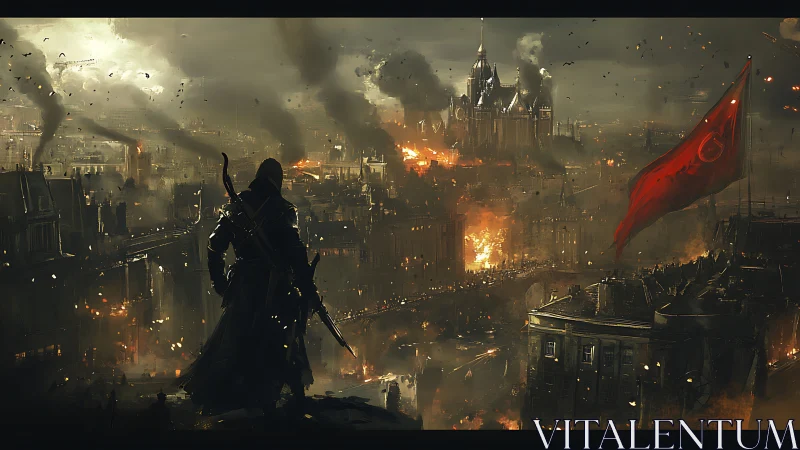 Hooded rebel surveys burning steampunk city in smoky dusk.