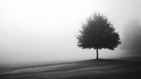 Solitary tree anchors misty grayscale landscape horizon.