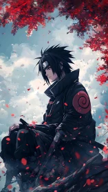 Brooding ninja rests beneath crimson autumn canopy.