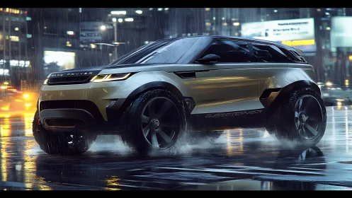 Futuristic SUV concept in cinematic night rain cityscape.
