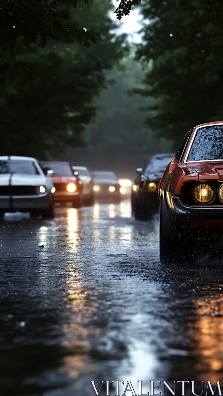 Classic muscle cars advance through reflective rain-soaked roadway