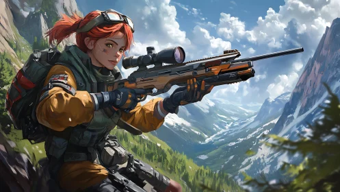Armed Character with Red Hair Aiming Rifle in Mountain Valley
