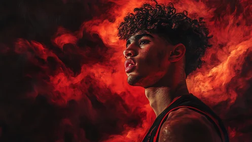 Basketball prodigy stands amid blazing red smoke backdrop