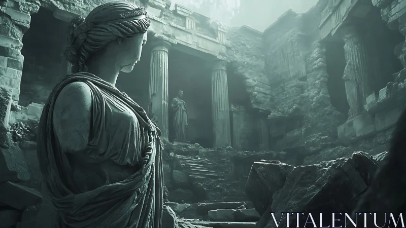 Ruined marble sanctuary with colossal draped statue in mist.