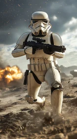 Armored sci fi soldier advancing through desert battle.