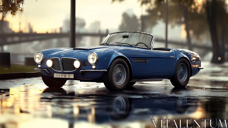 Photorealistic render of classic blue roadster on wet boulevard.