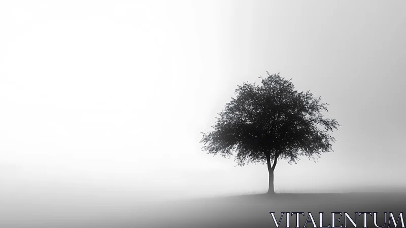 Solitary tree stands in misty grayscale open landscape.