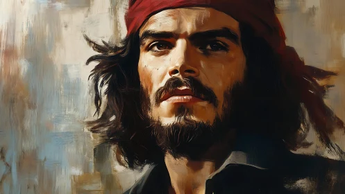 Bearded sailor gazes upward under red bandana in warm light