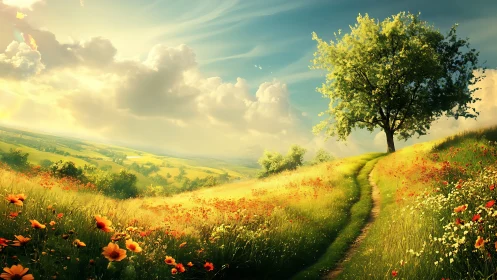 Sunlit country path winding through flowering hillside meadow.