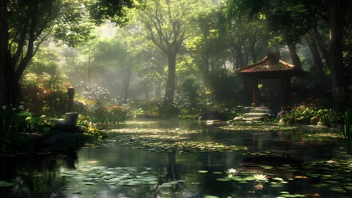 Sunlit lily pond surrounds tranquil forest pavilion