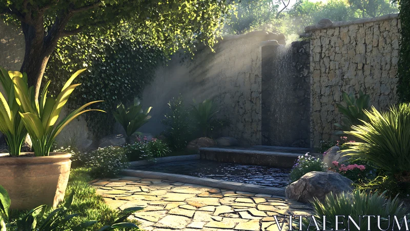 Sunlit courtyard fountain spills softly into a tranquil pool.