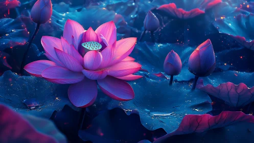 Luminous pink lotus blooms in a dreamlike midnight pond