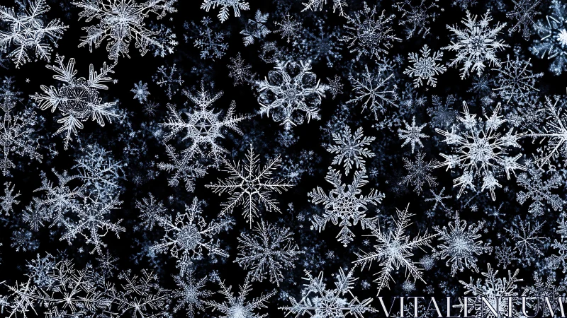 Isolated ice crystal snowflakes on uniform dark background.