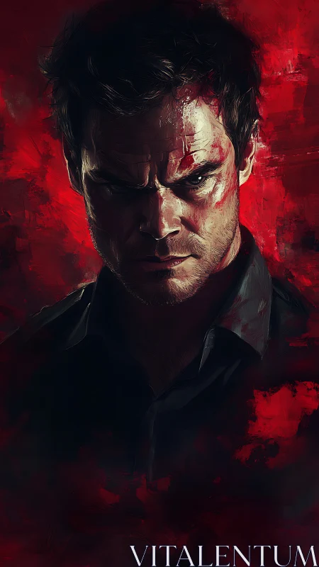 Intense red portrait of a brooding man in painterly light.