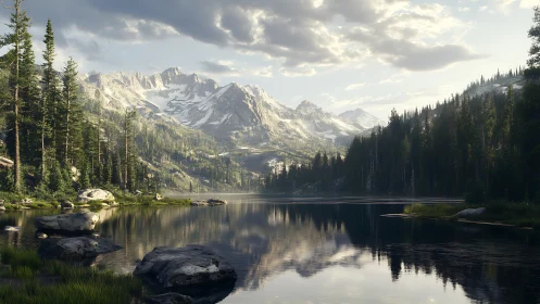 Serene alpine lake mirroring sunlit evergreen mountain range.