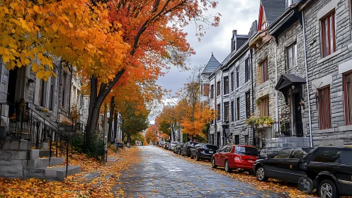 Quiet residential street lined with autumn trees and parked cars.