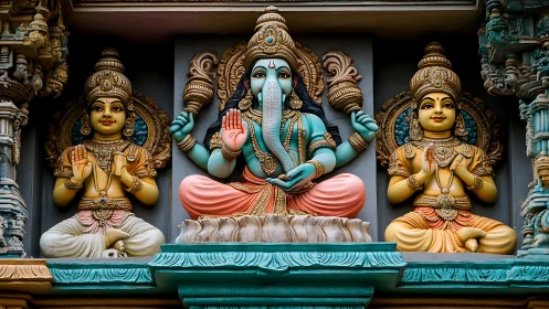 Polychrome temple frieze depicts central seated deity in relief