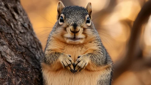 Curious squirrel poses upright against warm autumn bokeh background.