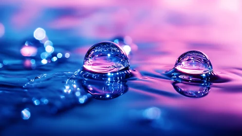 Iridescent water droplets under neon cyan and magenta light.