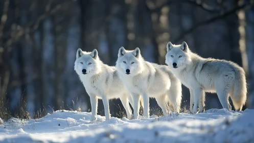 Three white wolves stand alert on snow in winter forest