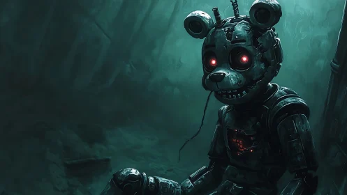Rust-bitten robot bear brooding in neon-drowned forest night.